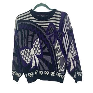 Vintage 80s Purple Black and White Abstract Sweater, Size M
